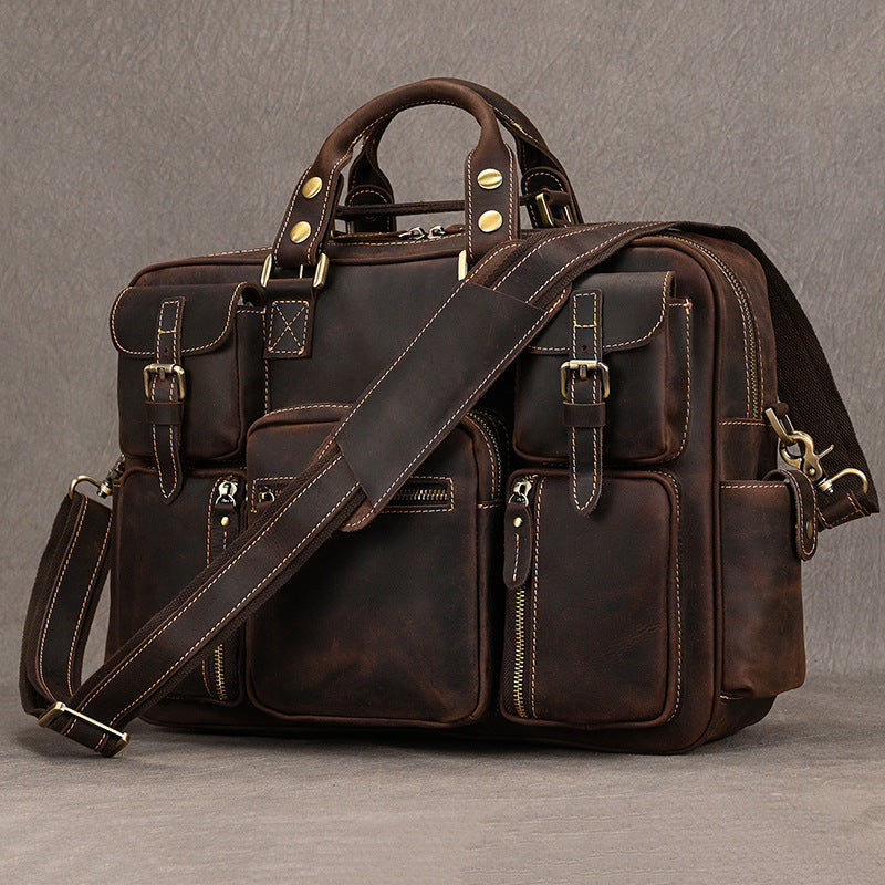 Men brown leather business briefcase bag