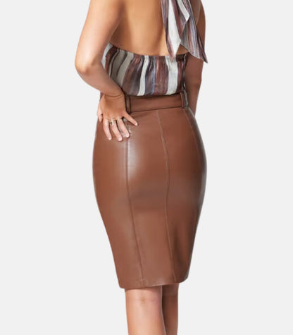 Genuine brown Leather Skirt With Belt