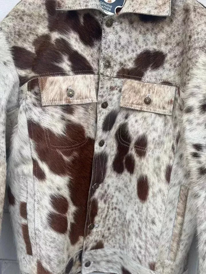 Men's Cowhide Fur Coat Brown White