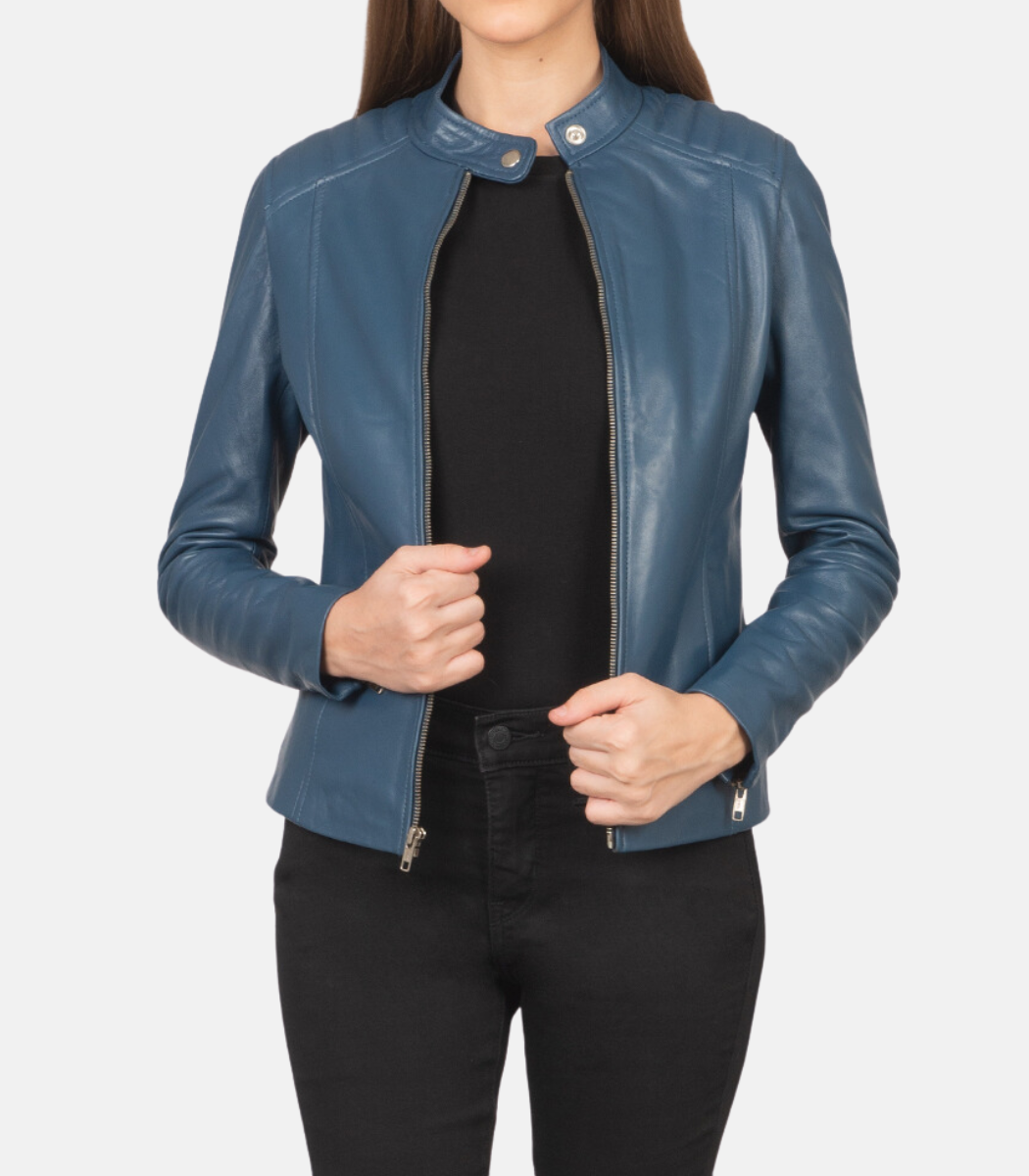 Women’s Blue Leather Biker Jacket