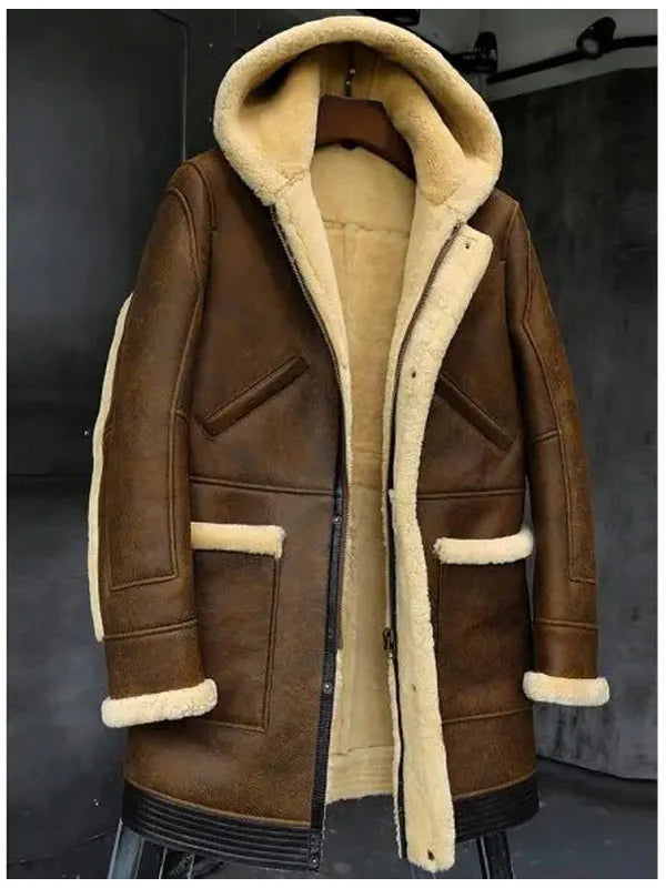 Mens Hooded Shearling Leather Jacket