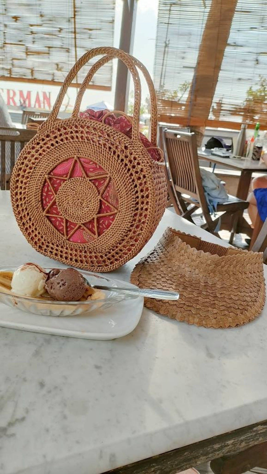 Round Rattan Summer Bag with Star Weave