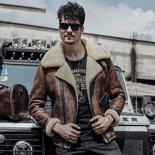 brown waxed leather aviator shearling jacket