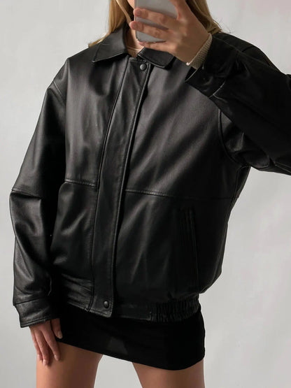 Black Leather Oversized Bomber Jacket