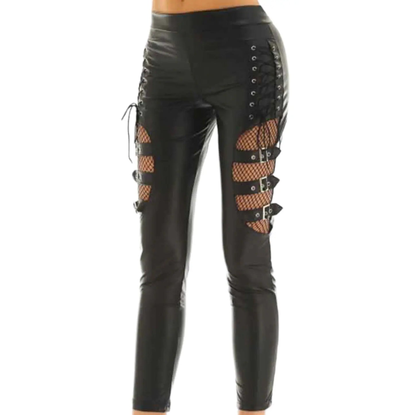 black leather lace up skinny pants