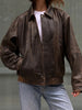 brown Oversized Leather Bomber Jacket