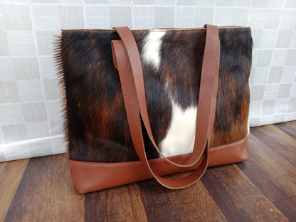 Dark Brown Tricolor Cowhide Tote Bag