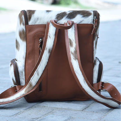 Brown White Genuine Cowhide Backpack