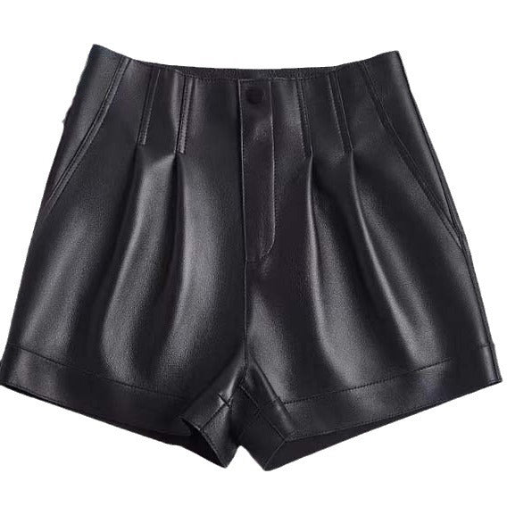 High waisted sheepskin leather shorts for women