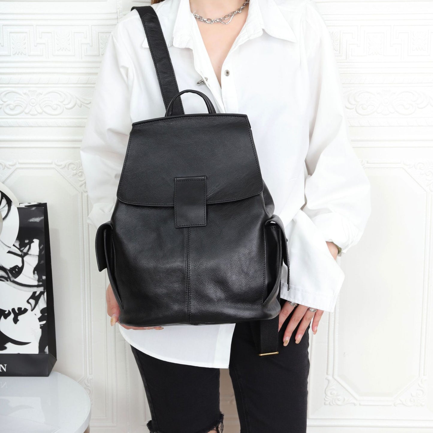 Women top layer cowhide laptop backpack