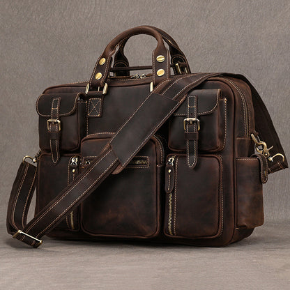 Leather mens duffle bag business travel briefcase
