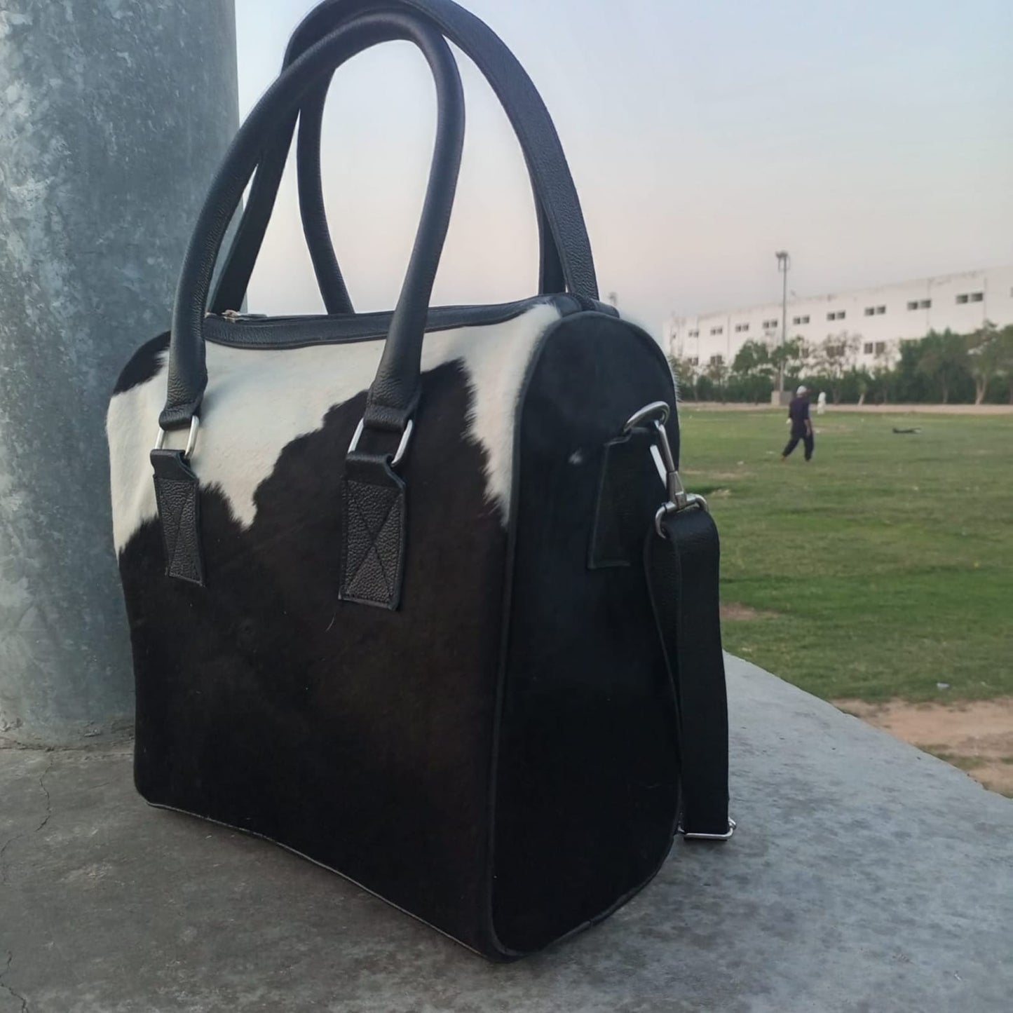 Black White Women Cowhide Ladies Bag