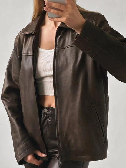 Oversized Brown Leather Bomber jacket Women