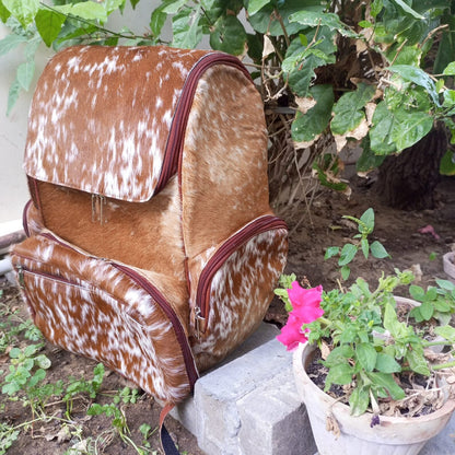 Cowhide Mommy Backpack Brown White Leather Diaper Bag