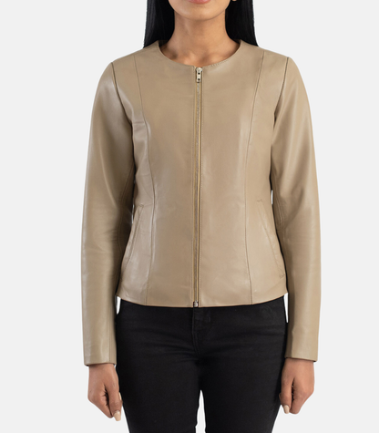 Beige Leather Collarless Jacket