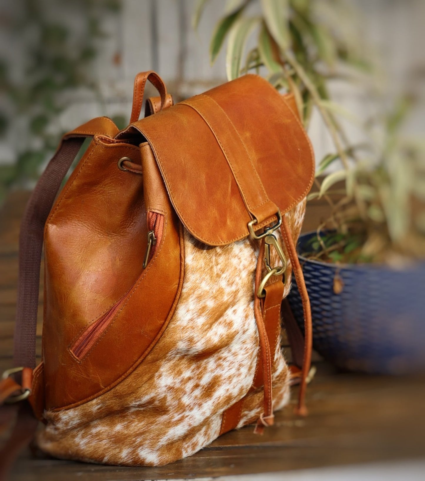 Brown White Cowhide Office Backpack