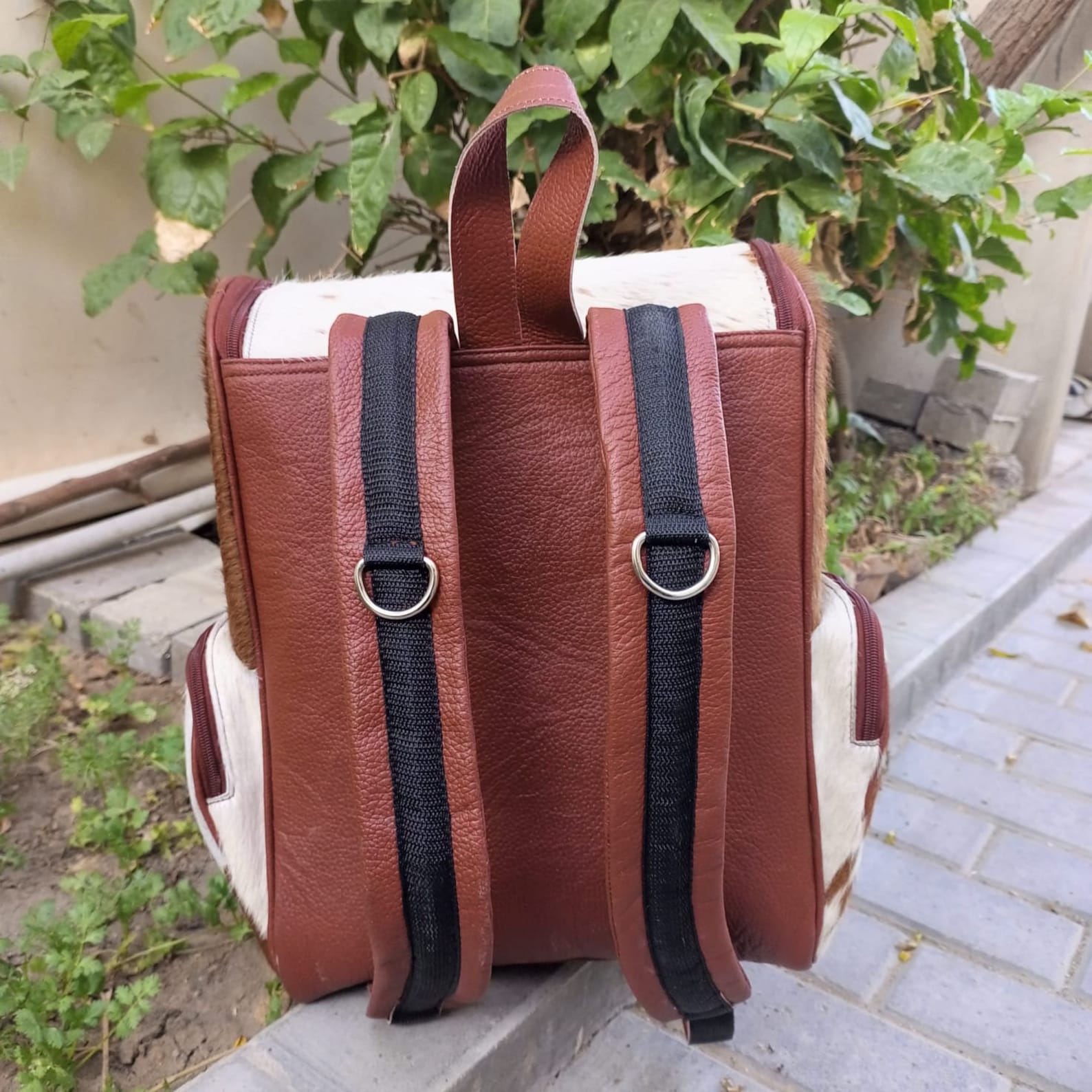 Cowhide Mommy Backpack Brown White Leather Diaper Bag