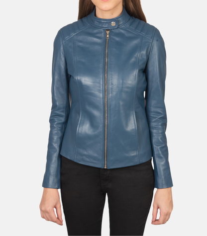 Women’s Blue Leather Biker Jacket