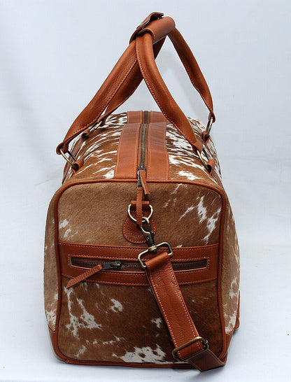 Cowhide Duffle Overnight Bag Brown White