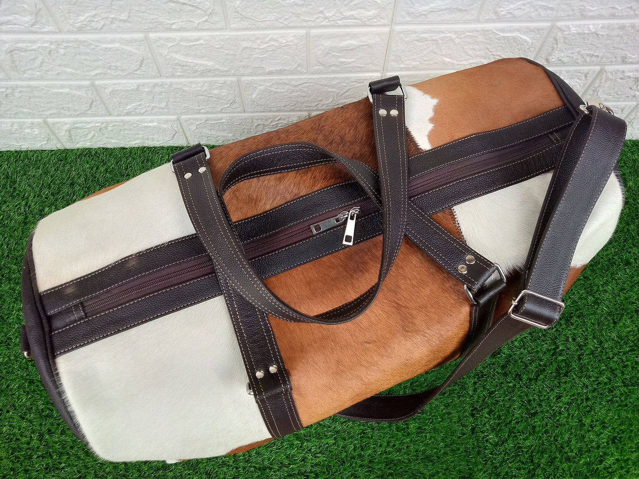 Real Cowhide Duffel Bag Brown White