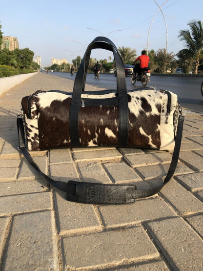 Large Cowhide Duffel Bag Black White