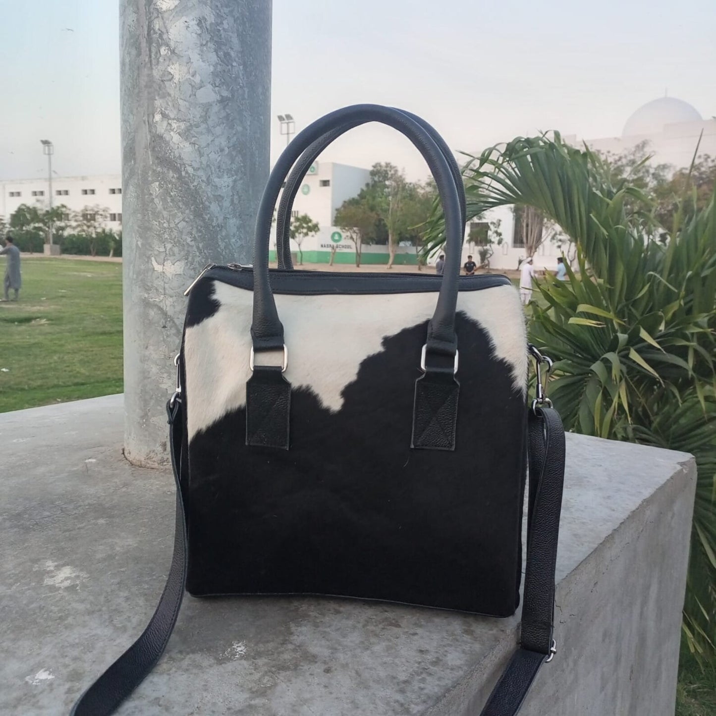 Black White Women Cowhide Ladies Bag