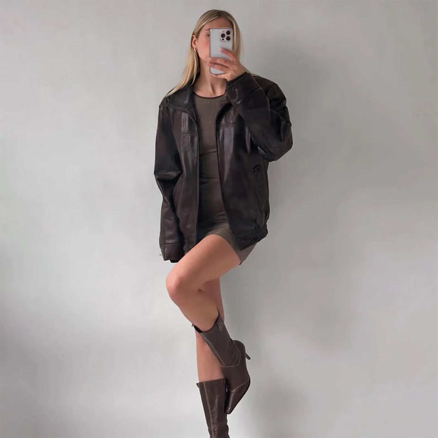 Dark Leather Women Oversized Jacket
