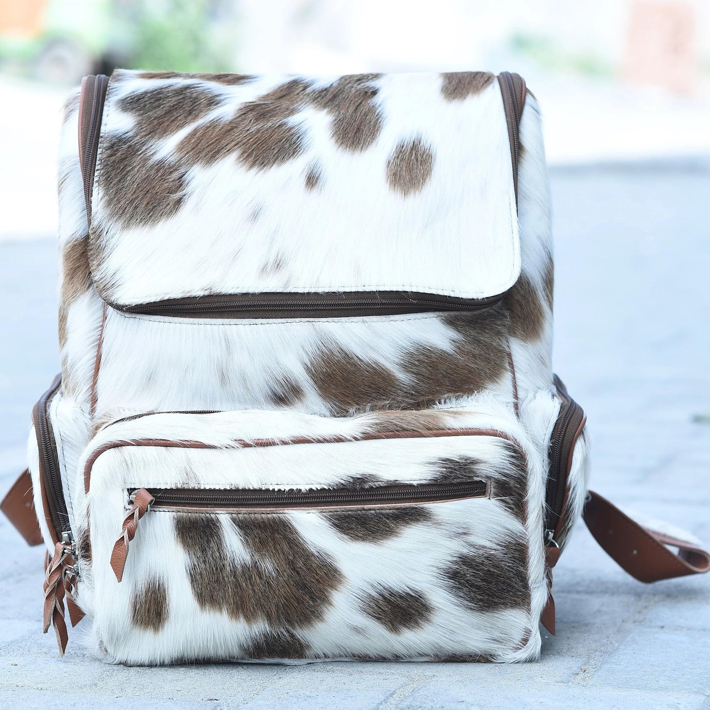 Brown White Genuine Cowhide Backpack