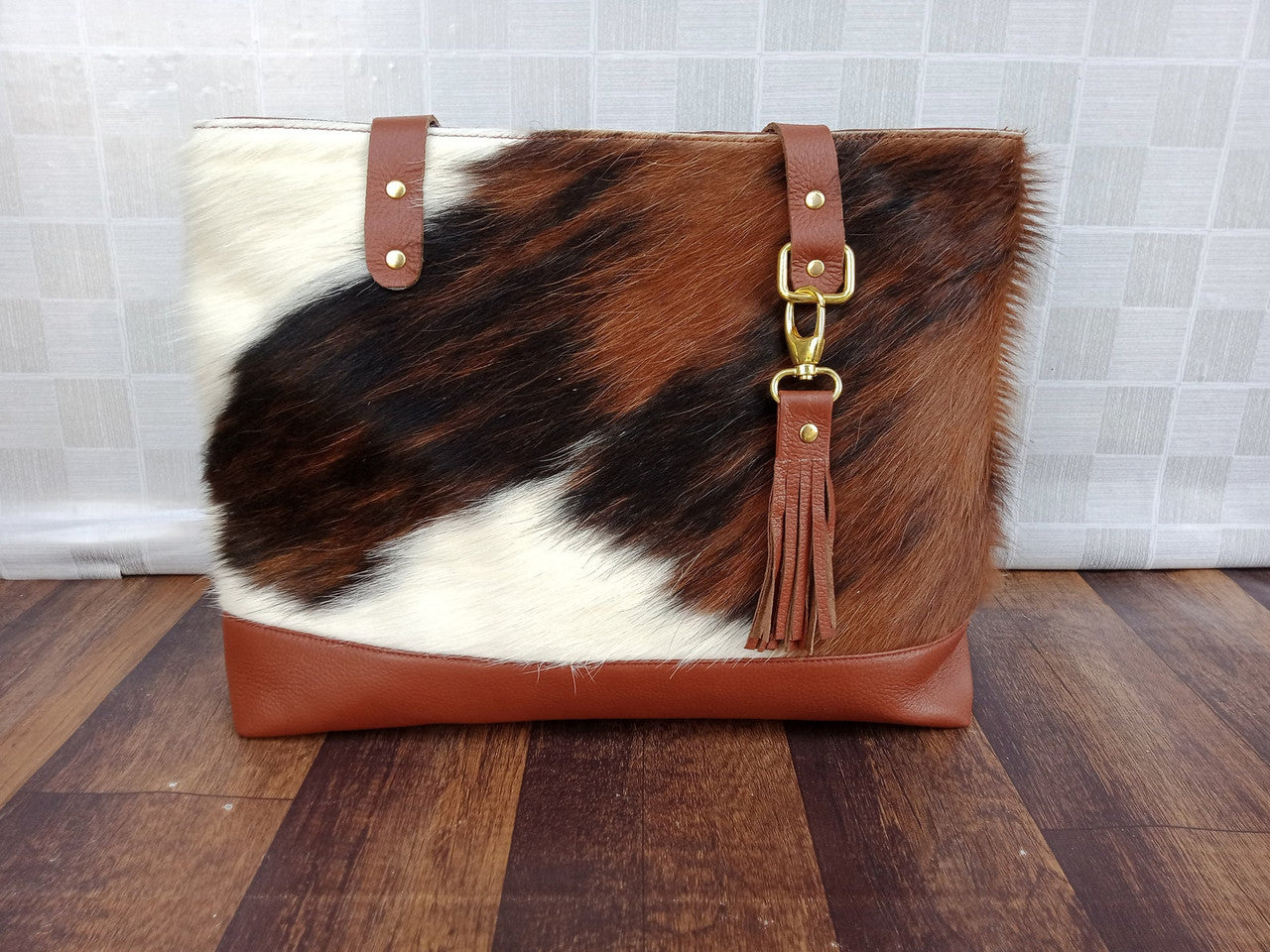 Dark Brown Tricolor Cowhide Tote Bag