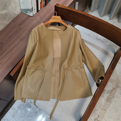 Women round neck sheepskin leather blazer jacket