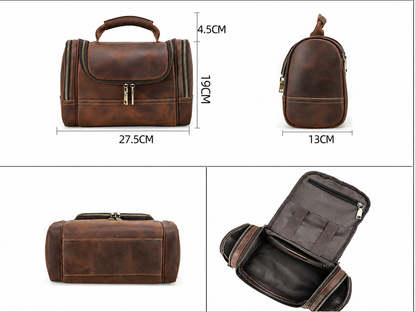 Men's Leather Bathroom Bag with Multi-Zip Travel Storage