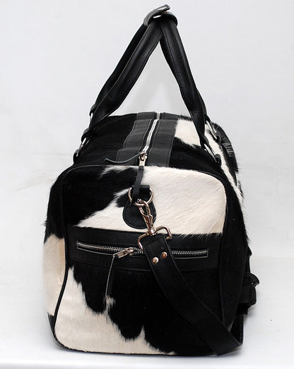 Black White Cowhide Travel Duffle Bag