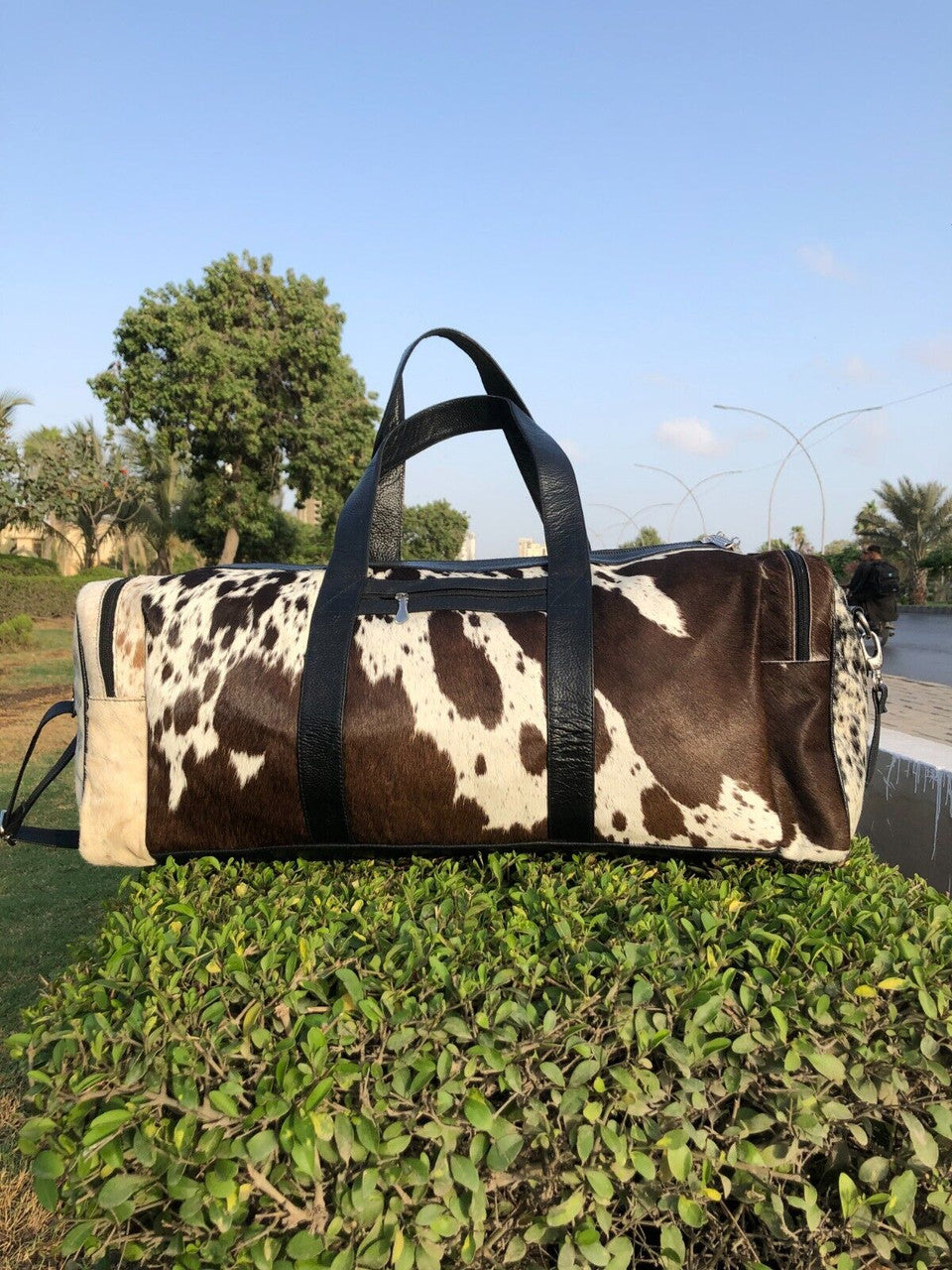 Large Cowhide Duffel Bag Black White