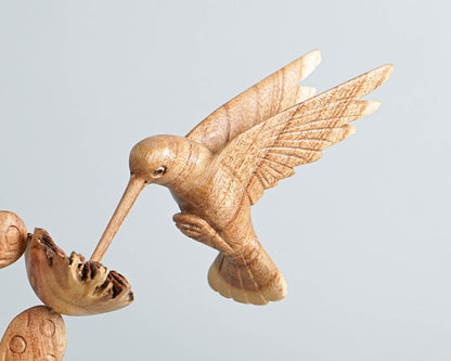 Wooden Sculpture Hummingbirds and Cactus Flower