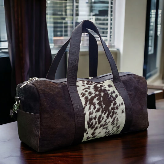 Cowhide Duffle Bag Dark Brown Black White