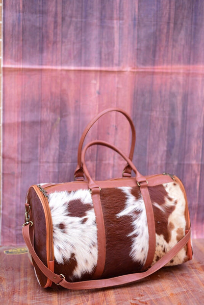 Brown White Cowhide Luggage Bag