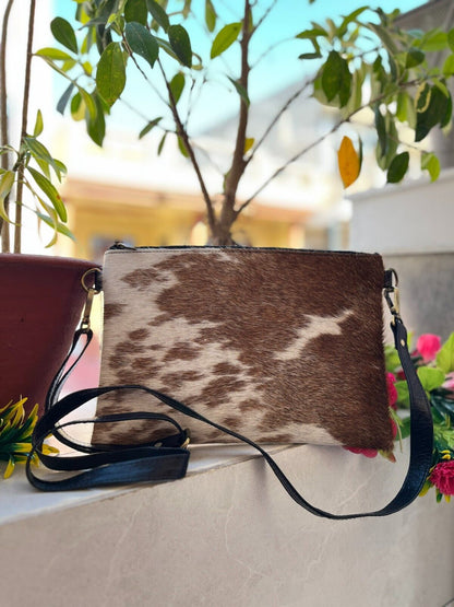 Cowhide Crossbody Bag Brown White