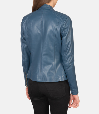 Women’s Blue Leather Biker Jacket