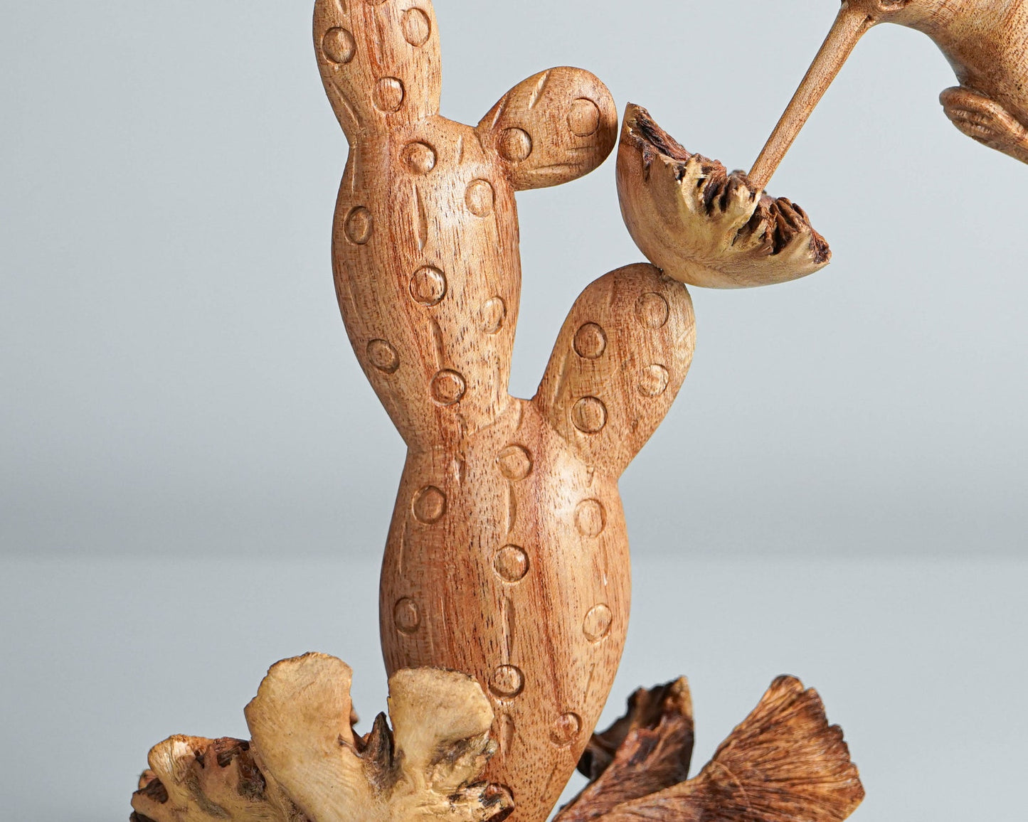 Wooden Sculpture Hummingbirds and Cactus Flower