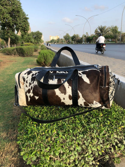 Large Cowhide Duffel Bag Black White