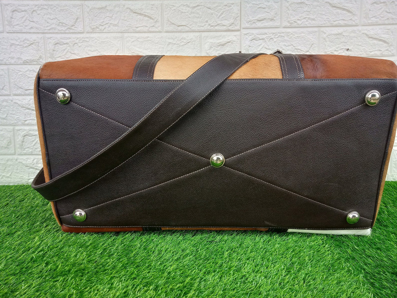 Real Cowhide Duffel Bag Brown White