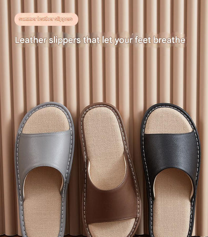 Leather Slippers for Women Linen Footbed Indoor Non Slip Summer Slides