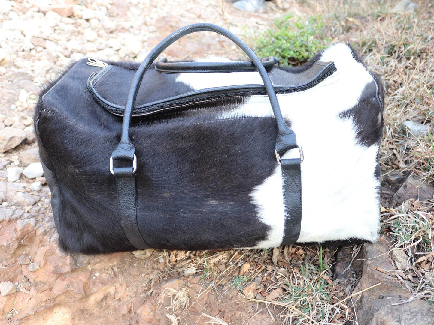 Black White Cowhide Travel Duffle Bag