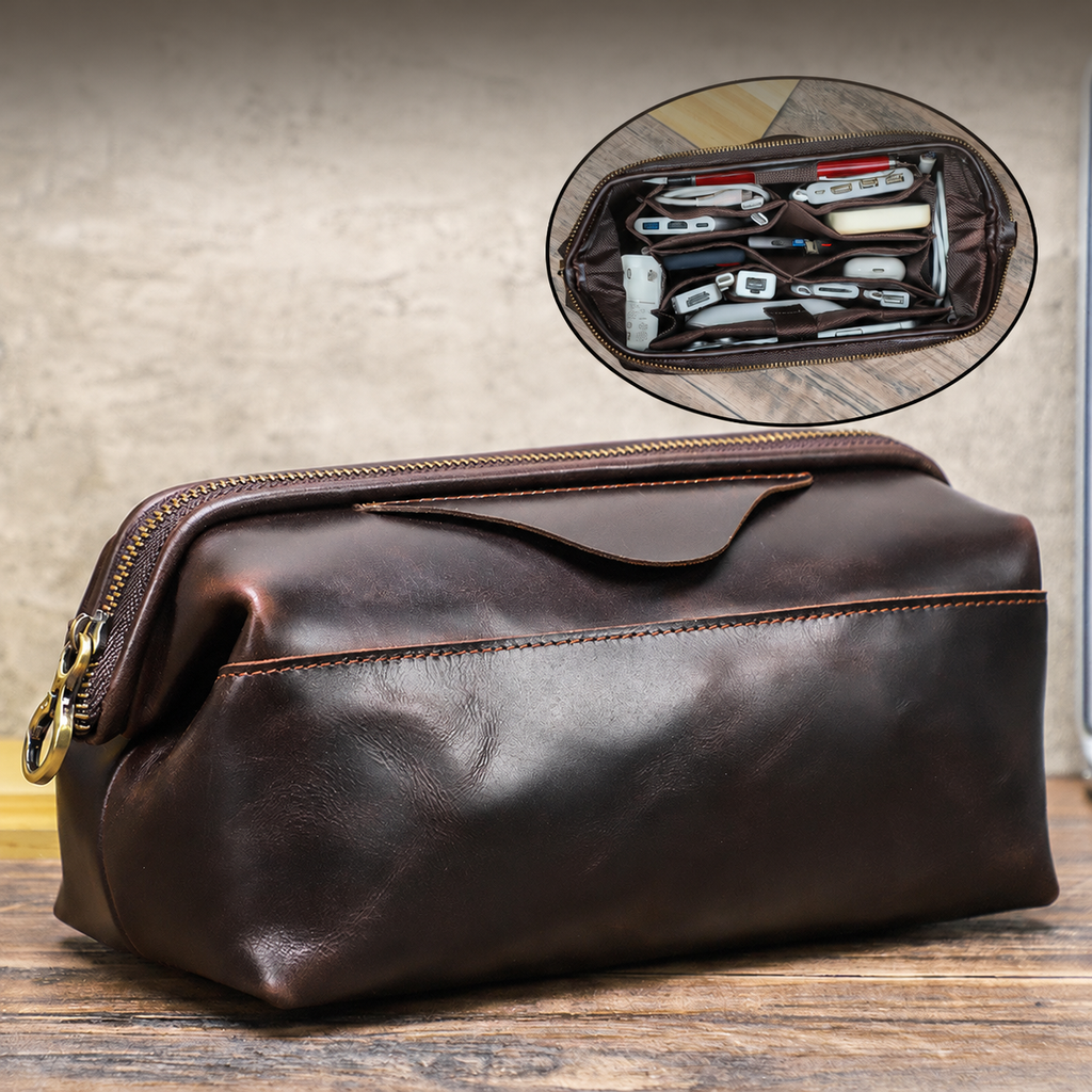 Men's Leather Dopp Kit with Multi-Compartment Organizer