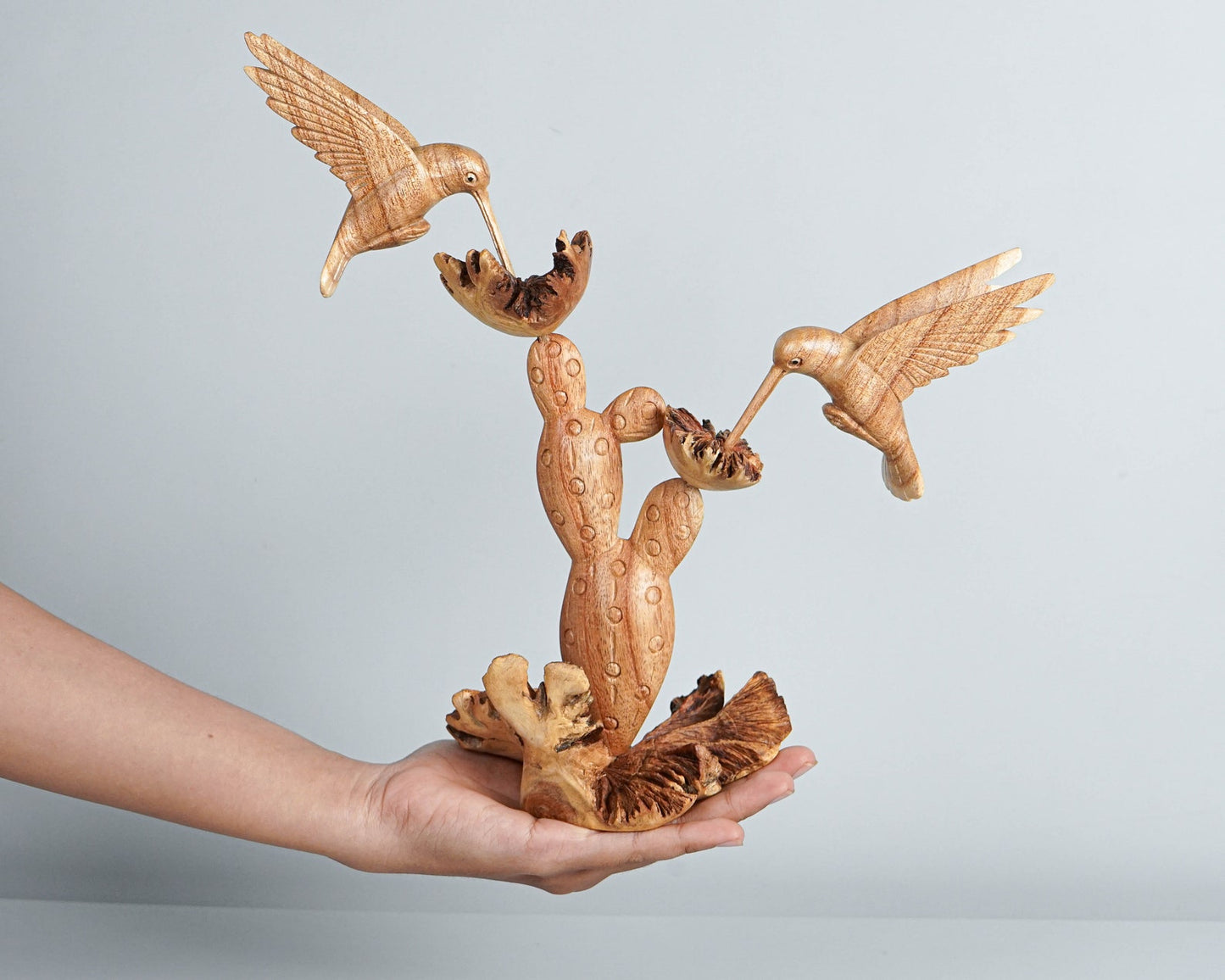 Wooden Sculpture Hummingbirds and Cactus Flower