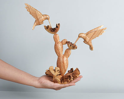 Wooden Sculpture Hummingbirds and Cactus Flower