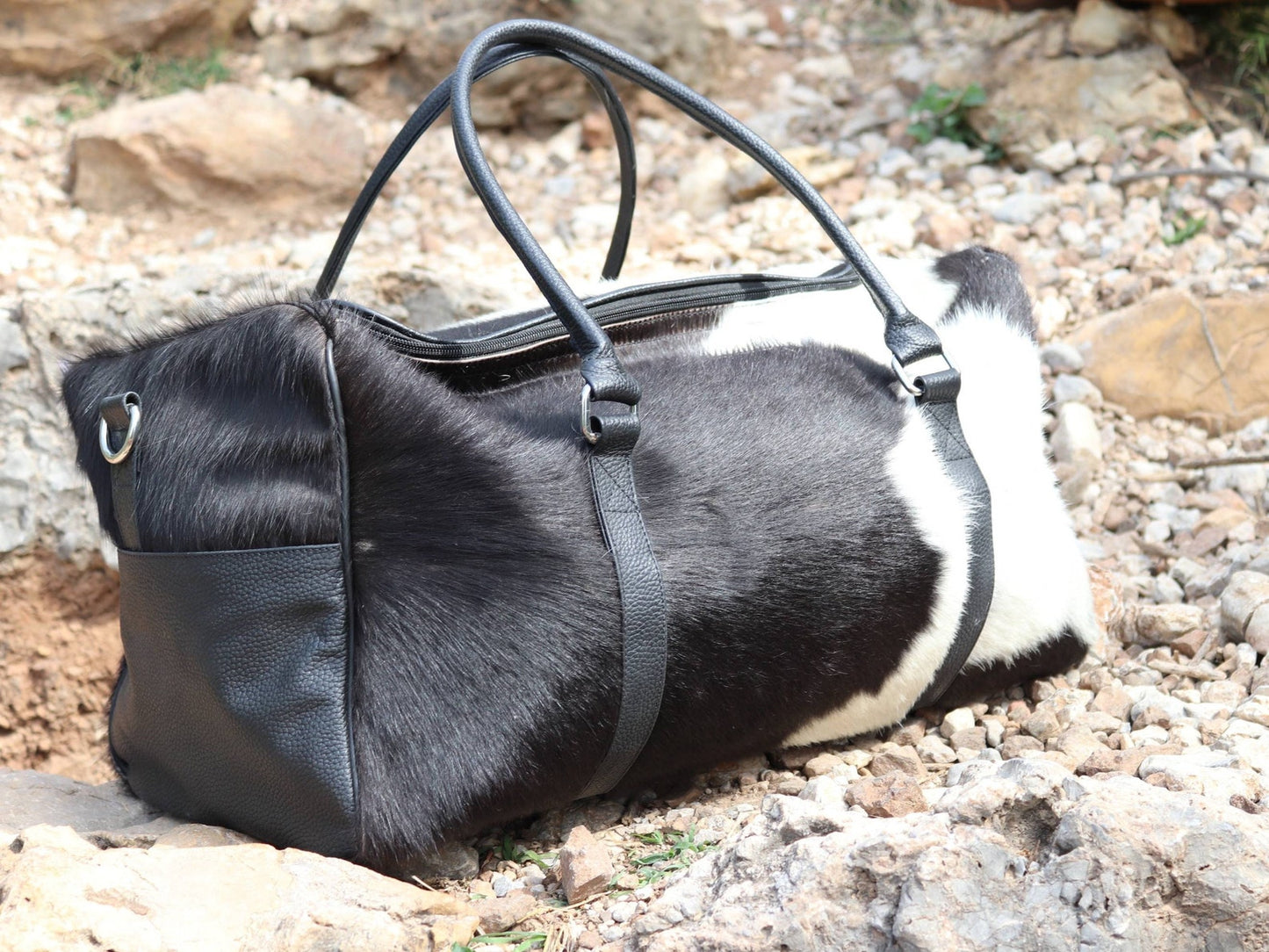 Black White Cowhide Travel Duffle Bag