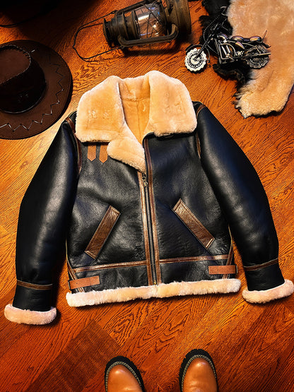 Black shearling leather aviator jacket men