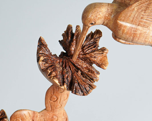 Wooden Sculpture Hummingbirds and Cactus Flower