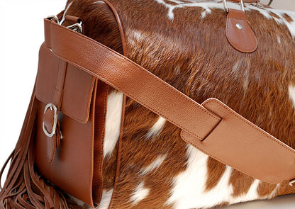 Brown White Cowhide Travel Duffle Bag